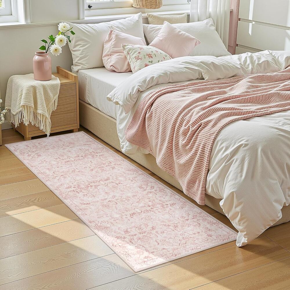 Pink 2x6 Runner Rug for Hallways Bed Side Kitchen, Boho Washable Distressed Low- - Picture 2 of 6